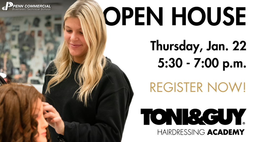 Toni&Guy Open House Graphic featuring a student cutting hair